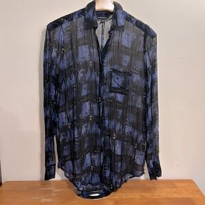 Rock & Republic Blouse Womens Small 
Black Blue Button Long Sleeve RETRO